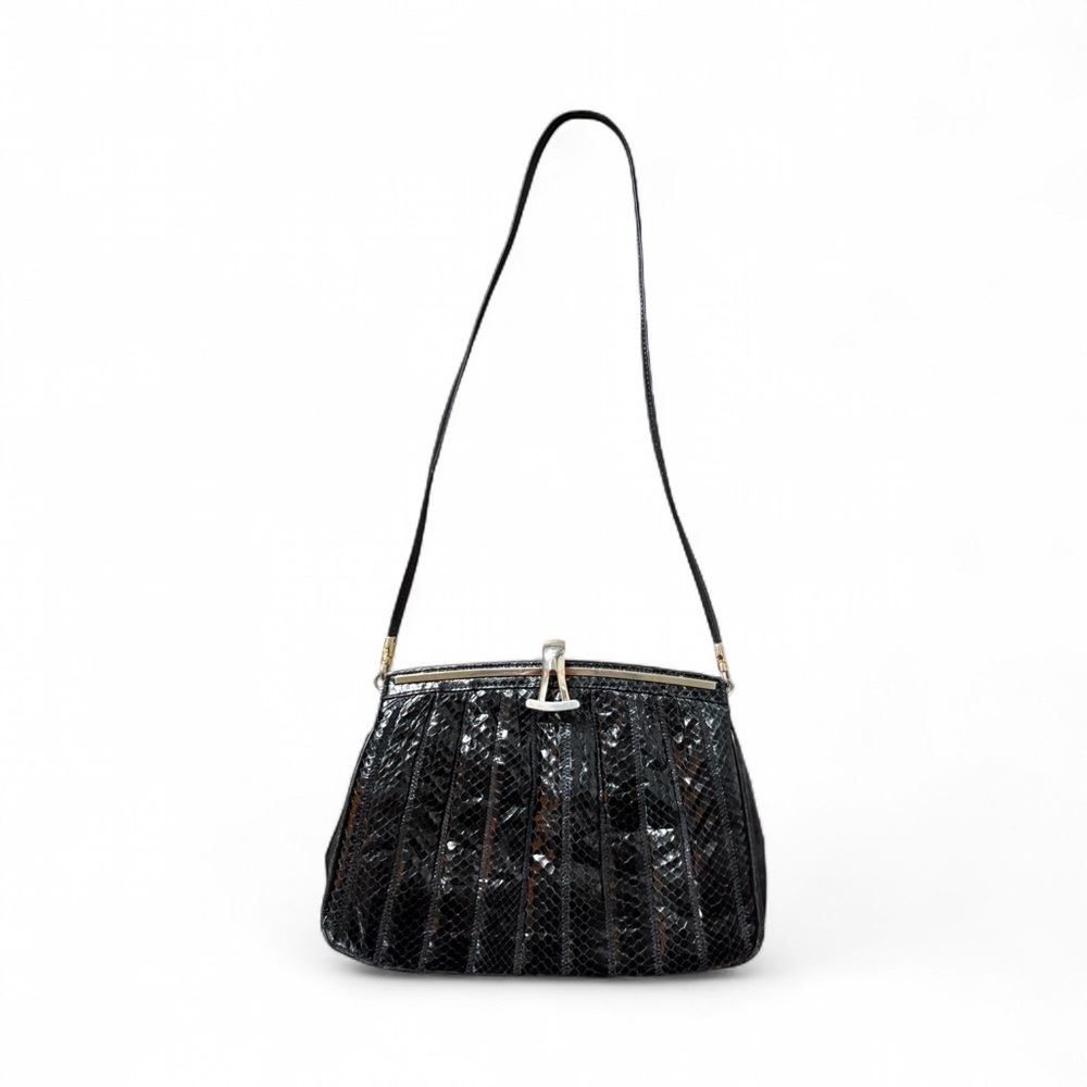 VINTAGE BLACK SNAKE EMBOSSED LEATHER CLUTCH SHOULDER BAG WOMAN